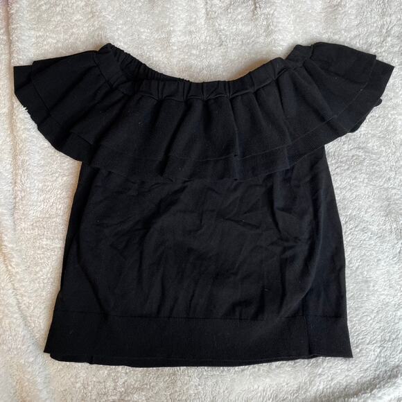 J CREW Black Ruffleneck Off The Shoulder Thick Blouse Top Large L - Picture 1 of 5